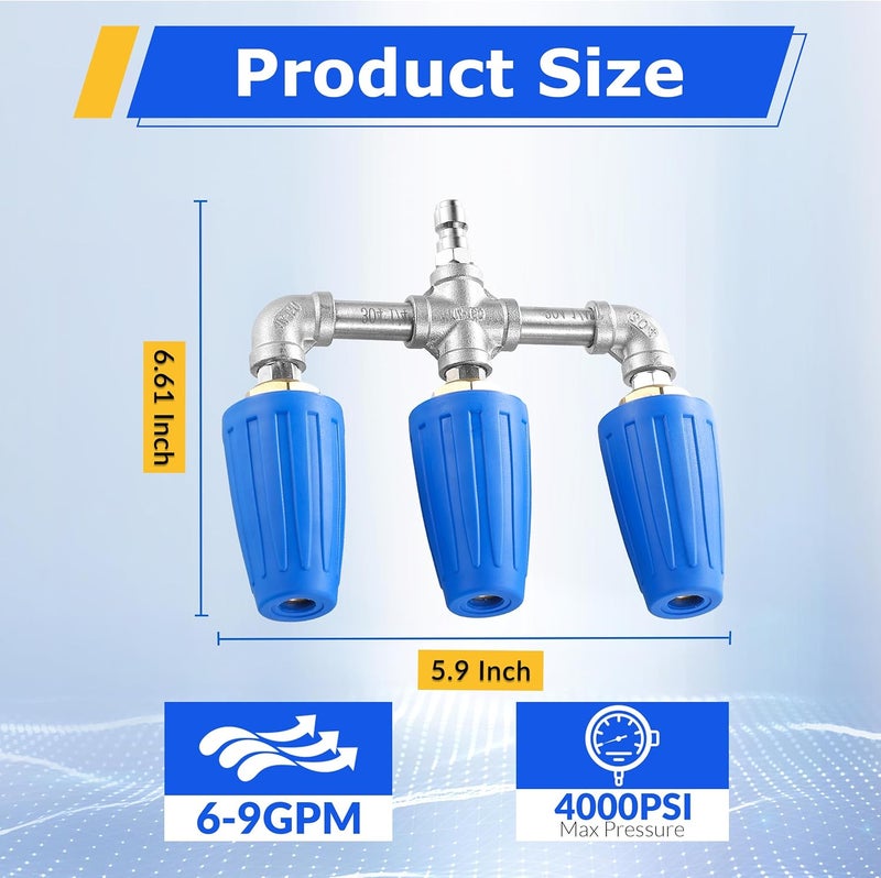 TasuoX Triple Turbo Nozzle Pressure Washer, 3-in-1 Power Washer Turbo Nozzle with 1/4" Quick Connect, 360° Rotating Turbo Nozzle Tip- 4000 PSI, 4-6 GPM, 2.0 Orifice, Blue - Image 5